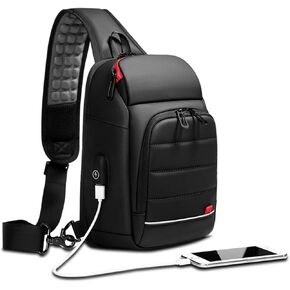 Men’s Sling Bag, Crossbody Nylon Shoulder Backpack with USB Charging Port, Vintage Chest Bag Gift for Men (black)