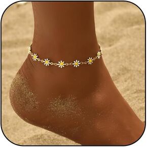 Bohemian Daisy Flowers Anklet for Women Girls,Adjustable Layered Beach Foot Chain Pearl Ankle Bracelets Dainty Foot Jewelry Gifts