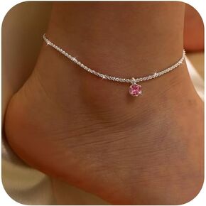 Birthstone Anklet for Women S925 Sterling Silver Glitter Cubic Zirconia Pendant Anklet Bracelets for Girls Adjustable Round Birthstone CZ Anklets Beach Foot Mother's Day Graduation Jewelry Gifts for Mom Wife