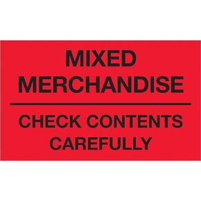Tape Logic Aviditi Tape Logic 3" x 5","Mixed Merchandise Check Contents Carefully" Fluorescent Red Warning Sticker, for Shipping, Handling, Packing, and Moving (1 Roll of 500 Labels)
