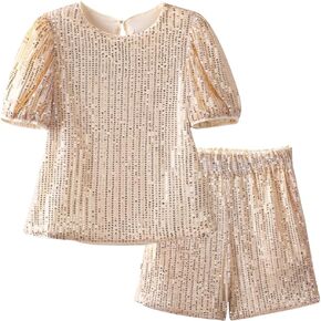 WELAKEN Girls 2 Piece Sequin Summer Outfits Kid Toddler Puff Sleeves Top and Shorts Set with Pockets