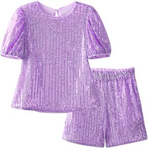 WELAKEN Girls 2 Piece Sequin Summer Outfits Kid Toddler Puff Sleeves Top and Shorts Set with Pockets in Saudi Arabia