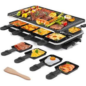 Indoor Grill Smokeless Korean BBQ Grill 2 IN 1 Griddle Electric Grill Raclette Table Grill Kitchen Appliances with 8 Mini Grill Cheese Pans Christmas Gift Removable Non-Stick Temperature Control,1500W