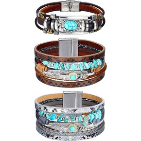 Sanfenly 3Pcs Leather Wrap Bracelets for Women, Boho Wrap Bracelets Leather Cuff Bangle Beads Bracelets Stackable Western Bracelets Jewelry Gifts for Women (Gold/Black/Gray/Turquoise)