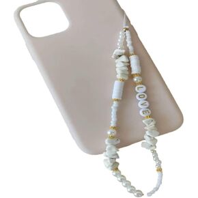 Cell Phone Lanyard Strap, Bohemia Beads Love Heart Letters Smartphone Charms Strap Beads Pearl Rope Mobile Phone Chains Phone Case Hanging Cord for Women Grils Summer Fashion Trendy, White
