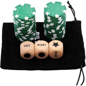 Upgrade Left Right Center Dice Game Set with 3Pcs Beech Wood Dices + 36Pcs 11.5g Poker Chips (Black)