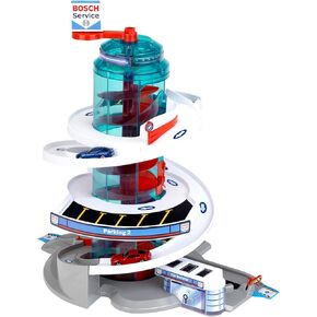Theo Klein Bosch Car Service Helix Shaped Multi Story Parking Garage Pretend Playset Toy with 2 Toy Cars for Kids Aged 3 and Up