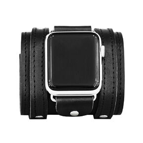 wide Leather stitched cuff band compatible with Apple watch 38mm 40mm 41mm 42mm 44mm 45mm 49mm, Handmade UA 1715st (black leather black thread steel 4.7-6.3in 38mm)
