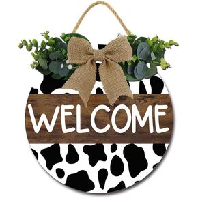 Cow Print Door Hanger Farmhouse Decorations Wreath Welcome Wood Hanging Sign All Seasons for Front Door Porch Decor 12x12 Inches