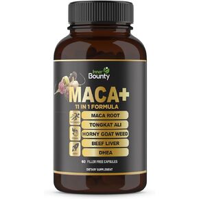 Organic Maca Root Supplement with Horny Goat Weed, Tongkat Ali, Beet Root, Beef Liver, DHEA Stack - Men & Women Performance, Energy Booster, Mood, Stamina, 60 Filler Free Capsules