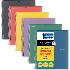 Five Star Interactive Notetaking Spiral Notebooks, 6 Pack, 1 Subject, College Ruled Paper, 11" x 8-1/2", 100 Sheets, Customizable Cover, Red, Yellow, Green, Blue, Purple, Black (820043)