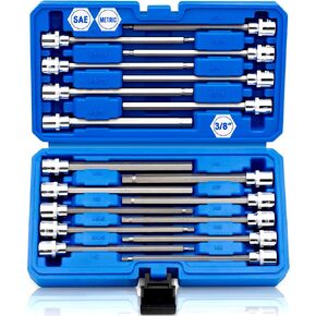 18-Piece 3/8 Inch Drive Extra Long Allen Hex Bit Socket Set, SAE & Metric (1/8-3/8 in., 3-10 mm), CR-V and S2 Steel