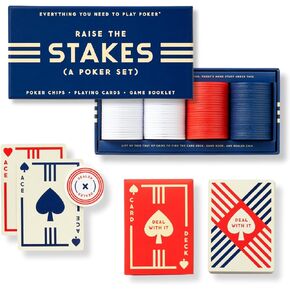 Raise The Stakes – Classic Poker Starter Game Set with 100 Poker Chips Dealer Marker and Designed Deck of Cards, Suitable for 2+ Players, Great for Beginners!