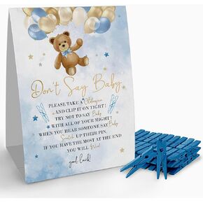 Don't Say Baby Clothespin Game Sign (1 Sign + 50 Mini Clothespins), It's a Boy Blue Rose Bear Balloon Baby Shower Game, Baby Shower Decoration Set