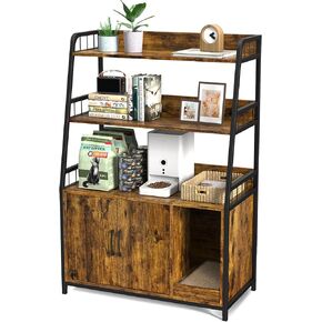 EasyCom Cat Litter Box Enclosure with Shelves - Large Litter Box Enclosure with Cat Scratching Pad and Anti-Scratch, Vintage Wooden Hidden Cat Litter Box Furniture (Rustic Brown)
