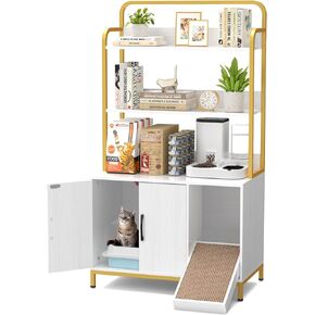 EasyCom Cat Litter Box Enclosure with Shelves - Large Litter Box Enclosure with Cat Scratching Pad and Anti-Scratch, Vintage Wooden Hidden Cat Litter Box Furniture (Rustic Brown)