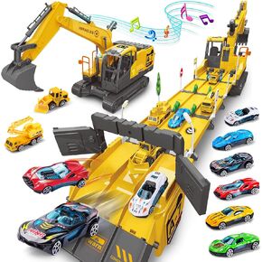 Dwi Dowellin Toys for 3 Year Old Boys,Excavator Toys for Boys with 6 Metal Racing Cars and 2 Engineering Vehicle,Foldable Ejection Vehicle with Lights & Sound for 3 4 5 6 7 Years Old Boys Gifts