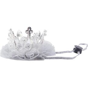 Nishine Gold/Silver Crown Headband for Dog Cat Pink Tulle Mesh Crown Tiara Pet Crown Hairband Hat Party Costume (Pearl&Gold)