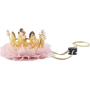 Nishine Gold/Silver Crown Headband for Dog Cat Pink Tulle Mesh Crown Tiara Pet Crown Hairband Hat Party Costume (Pearl&Gold) in Kuwait