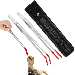 2 Pcs Extra Long Feeding Tongs with Storage Bag Aquarium Tweezers Stainless Steel Rubber Tip Straight and Curved Reptile Tongs for Lizards Worms Tank Accessories, 10.5 Inches and 10 Inches