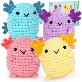 Crochet Kit for Beginners, Crochet Starter Kit w Step-by-Step Video Tutorials, Beginner Crochet Kit for Adults Kids Women Men Complete Kit Included (4 Mini Axolotls)