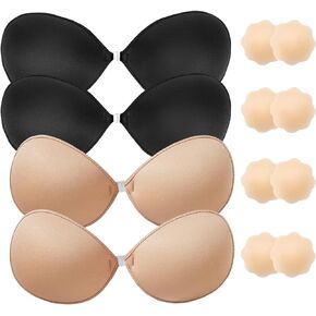 Sticky Bra-4 Pairs Adhesive Strapless Super Invisible Push up Silicone Bras for Backless Dress with Nipple Covers