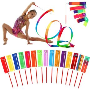 Yilloog Rainbow Dance Ribbon 78.7 Inch Gymnastics Ribbon Streamers Rainbow Artistic Ribbon Dancer Twirling Wands Rhythmic Gymnastics Ribbon for Kids Dancing Party (Mixed Color, 15 Pieces)
