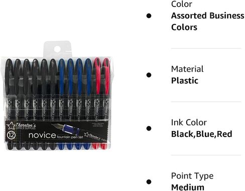 Thornton's Office Supplies Novice Disposable Fine Point Assorted Business Colors Fountain Pens Pack of 12 TOS-DFPBAST12F Journaling and Calligraphy Pen for Smooth Writing - Gift for Beginner Artist in Saudi Arabia