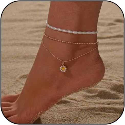 Bohemian Daisy Flowers Anklet for Women Girls,Adjustable Layered Beach Foot Chain Pearl Ankle Bracelets Dainty Foot Jewelry Gifts in Kuwait
