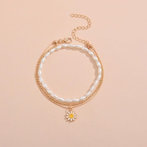 Bohemian Daisy Flowers Anklet for Women Girls,Adjustable Layered Beach Foot Chain Pearl Ankle Bracelets Dainty Foot Jewelry Gifts in Kuwait