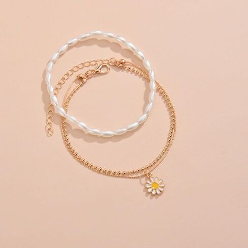 Bohemian Daisy Flowers Anklet for Women Girls,Adjustable Layered Beach Foot Chain Pearl Ankle Bracelets Dainty Foot Jewelry Gifts in Kuwait