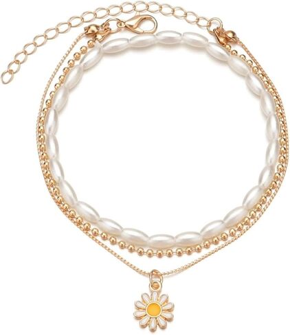 Bohemian Daisy Flowers Anklet for Women Girls,Adjustable Layered Beach Foot Chain Pearl Ankle Bracelets Dainty Foot Jewelry Gifts in Kuwait