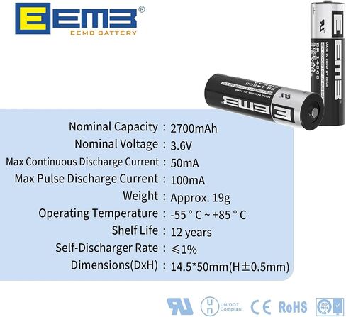 EEMB 4Pack ER14505 AA 3.6V Lithium Battery Li-SOCL₂ Non-Rechargeable Battery SB-AA11 LS14500 TL-5903 SL-360 S7-400 ER14500 for Sensor Water Electricity Meter Gas PLC Facility Equipment Spare Battery in Kuwait