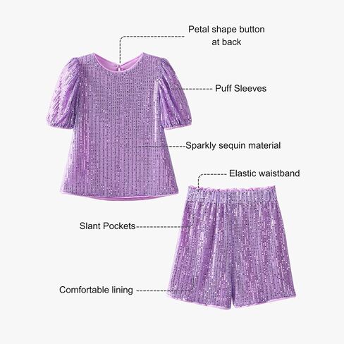 WELAKEN Girls 2 Piece Sequin Summer Outfits Kid Toddler Puff Sleeves Top and Shorts Set with Pockets in Saudi Arabia