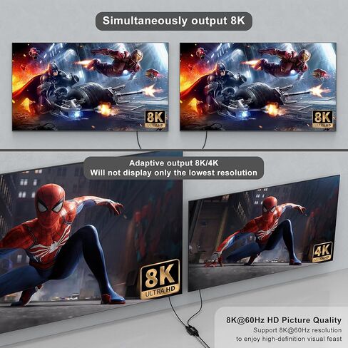 8K HDMI 2.1 Splitter 1 in 2 Out - 8K@60Hz 4K@120Hz One Input Two Output HDMI Duplicator Dual Monitors HD Copy Identical Display, 48Gbps, Dynamic HDR & VRR Mode, Plug Play for Xbox PS4 PS5 TV PC Laptop in Kuwait