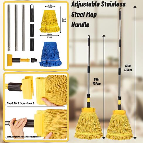 Commercial Mop, Looped-End String Wet Mop, Industrial Mop, 69" Heavy Duty Mops with 2 String Mop Heads for Floor Cleaning, Home, Kitchen, Office in Saudi Arabia