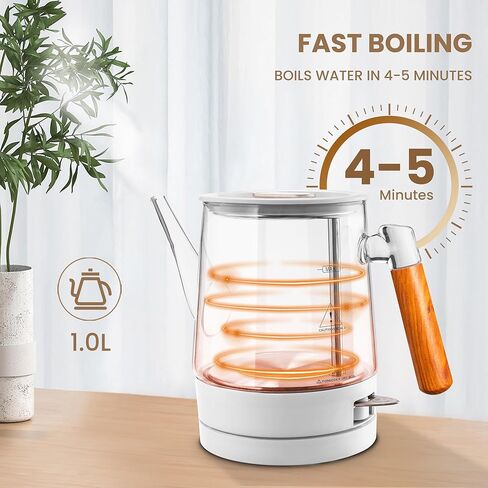غلاية كهربائية للشاي والقهوة سعة 1.0 لتر، غلاية شاي كهربائية سريعة الغليان 1000 وات، غلاية شاي زجاجية صغيرة مع إغلاق تلقائي، إبريق شاي بمقبض خشبي فريد، خالية من مادة BPA in Kuwait