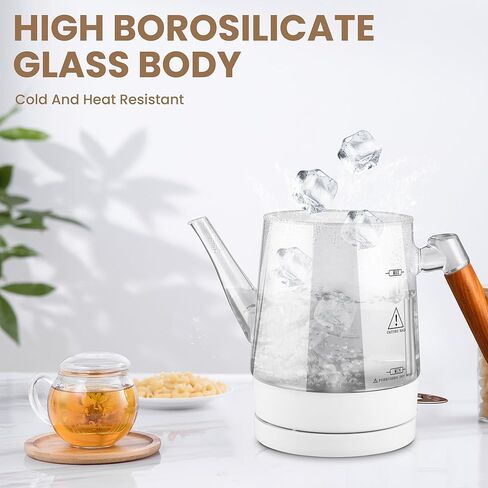 غلاية كهربائية للشاي والقهوة سعة 1.0 لتر، غلاية شاي كهربائية سريعة الغليان 1000 وات، غلاية شاي زجاجية صغيرة مع إغلاق تلقائي، إبريق شاي بمقبض خشبي فريد، خالية من مادة BPA in Kuwait