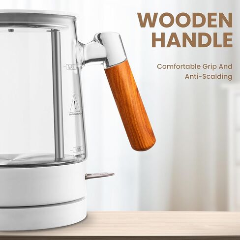 غلاية كهربائية للشاي والقهوة سعة 1.0 لتر، غلاية شاي كهربائية سريعة الغليان 1000 وات، غلاية شاي زجاجية صغيرة مع إغلاق تلقائي، إبريق شاي بمقبض خشبي فريد، خالية من مادة BPA in Kuwait