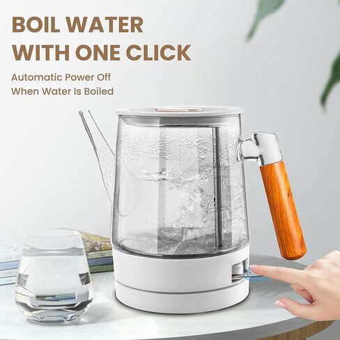 غلاية كهربائية للشاي والقهوة سعة 1.0 لتر، غلاية شاي كهربائية سريعة الغليان 1000 وات، غلاية شاي زجاجية صغيرة مع إغلاق تلقائي، إبريق شاي بمقبض خشبي فريد، خالية من مادة BPA in Kuwait