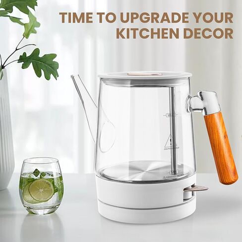 غلاية كهربائية للشاي والقهوة سعة 1.0 لتر، غلاية شاي كهربائية سريعة الغليان 1000 وات، غلاية شاي زجاجية صغيرة مع إغلاق تلقائي، إبريق شاي بمقبض خشبي فريد، خالية من مادة BPA in Kuwait
