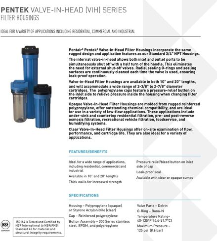 Pentair Pentek 150166 Valve-In-Head Filter Housing, 3/4" NPT #20 Standard Water Filter Housing with Pressure Relief Button, 20-Inch, Black/Blue in Saudi Arabia