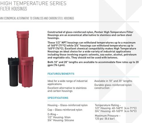 Pentair Pentek 158319 مبيت مرشح درجة الحرارة العالية، 1/2 بوصة NPT #10 مبيت مرشح المياه ذو الخط النحيف، 10 بوصة، أسود/أسود in Kuwait