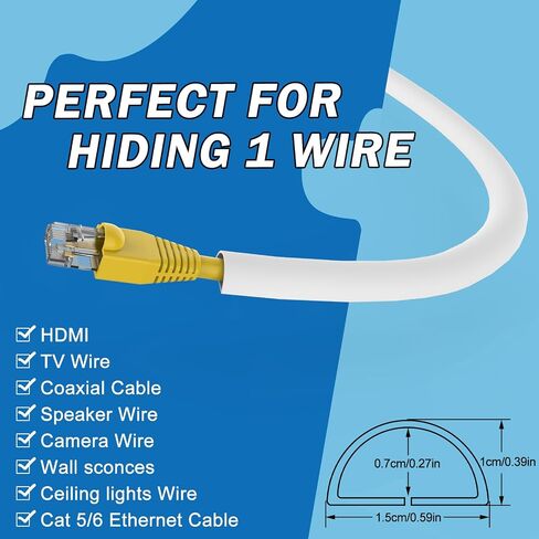 UOMTFAI Wall Cord Hider 118 Inch - Self-Adhesive Wire Cover Raceway for Walls, Flexible PVC Cable Concealer for Home and Office, W0.59 H0.39in - White in Kuwait