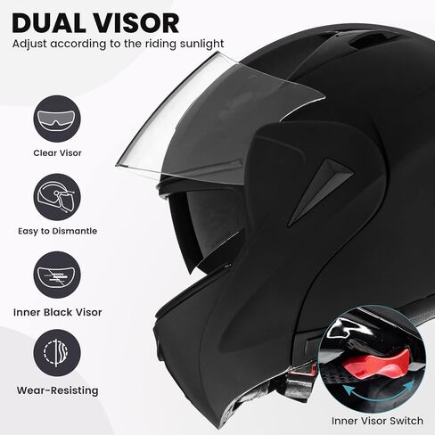ILM Motorcycle Helmets Modular Dual Visor Flip-up Full Face Street Bike Racing Helmet DOT 5 Colors Model 808 (L, Matte Black) in Saudi Arabia