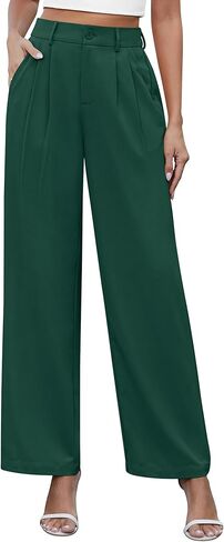 سراويل CZYINXIAN النسائية الكاجوال للعمل واسعة الساق واسعة الخصر مع جيوب in Kuwait
