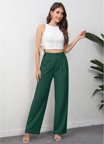 سراويل CZYINXIAN النسائية الكاجوال للعمل واسعة الساق واسعة الخصر مع جيوب in Kuwait