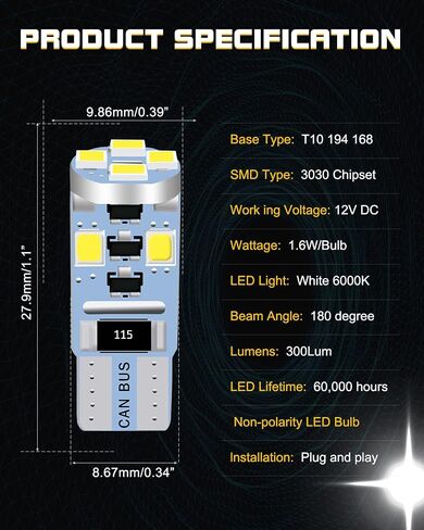 UNXMRFF - Super Bright 194 LED Bulb Amber/Yellow Canbus Error Free, T10 168 2825 W5W LED Bulbs for Interior Car Light Bulbs Dome Map License Plate Trunk Cargo Lights, (10PCS) in Saudi Arabia