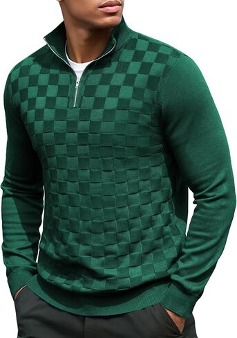 COOFANDY Quarter Zip Pullover Men Dress Sweaters Long Sleeve Jacquard Checkered Sweater in Saudi Arabia