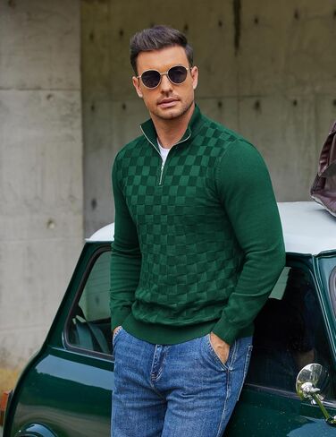 COOFANDY Quarter Zip Pullover Men Dress Sweaters Long Sleeve Jacquard Checkered Sweater in Saudi Arabia